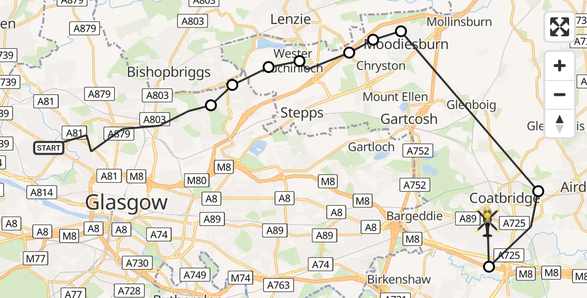 Flight path map showing Police Helicopter route from Glasgow to Coatbridge