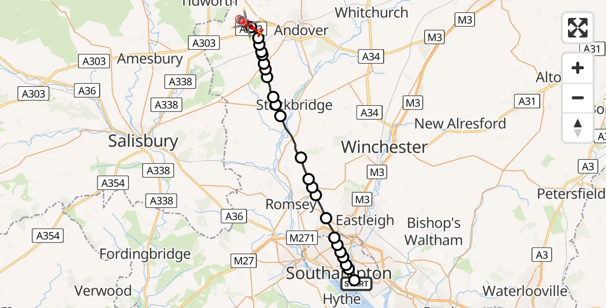 Flight path map showing Air Ambulance Helicopter route from Weston to Fyfield