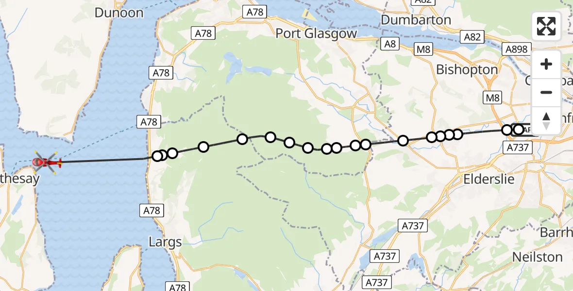 Flight path map showing Air Ambulance Helicopter route from Glasgow Airport to Inner Seas