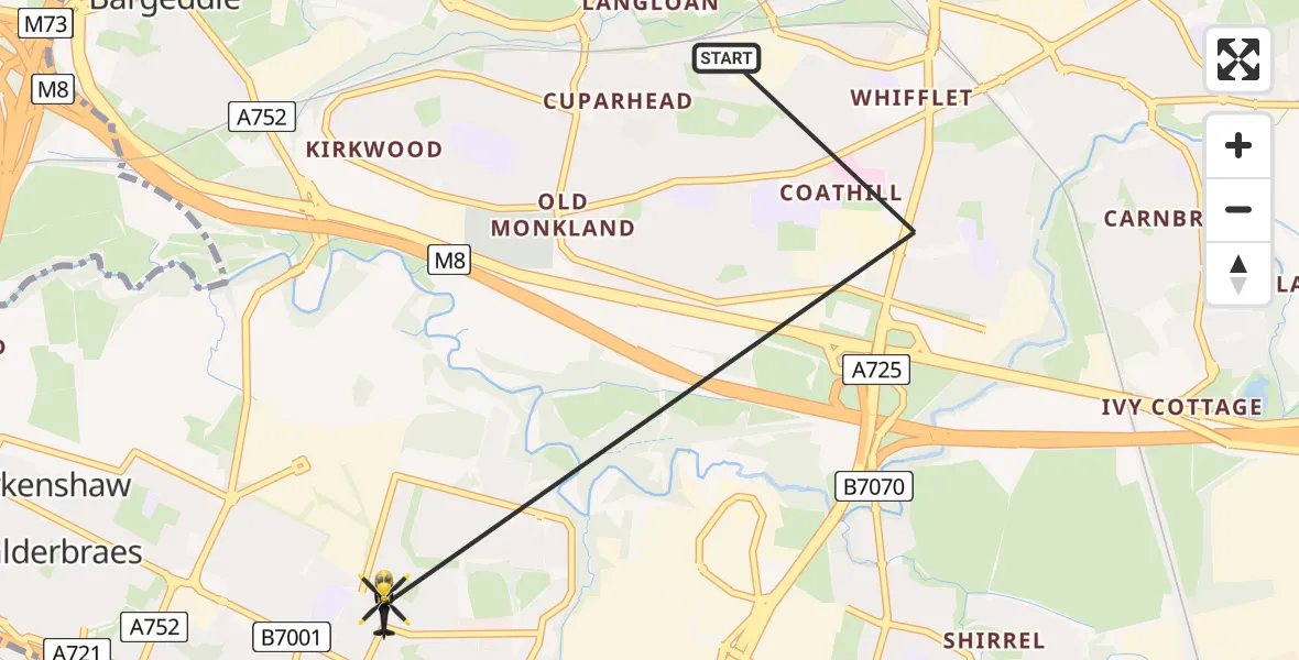 Flight path map showing Police Helicopter route from Coatbridge to Viewpark