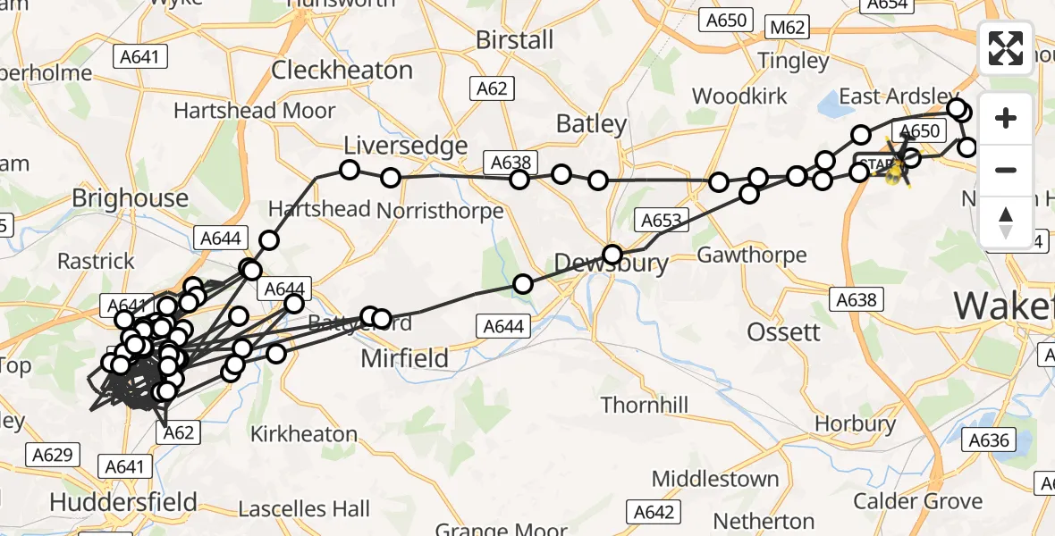 Flight path map showing Police Helicopter route from East Ardsley to East Ardsley