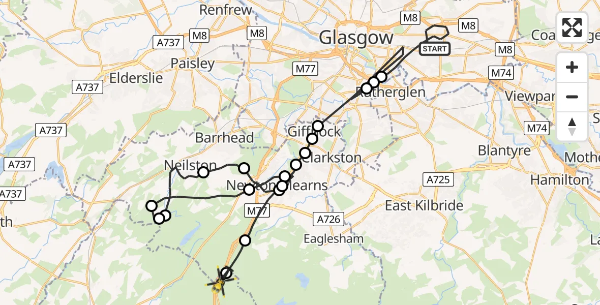 Flight path map showing Police Helicopter route from Glasgow to Floak