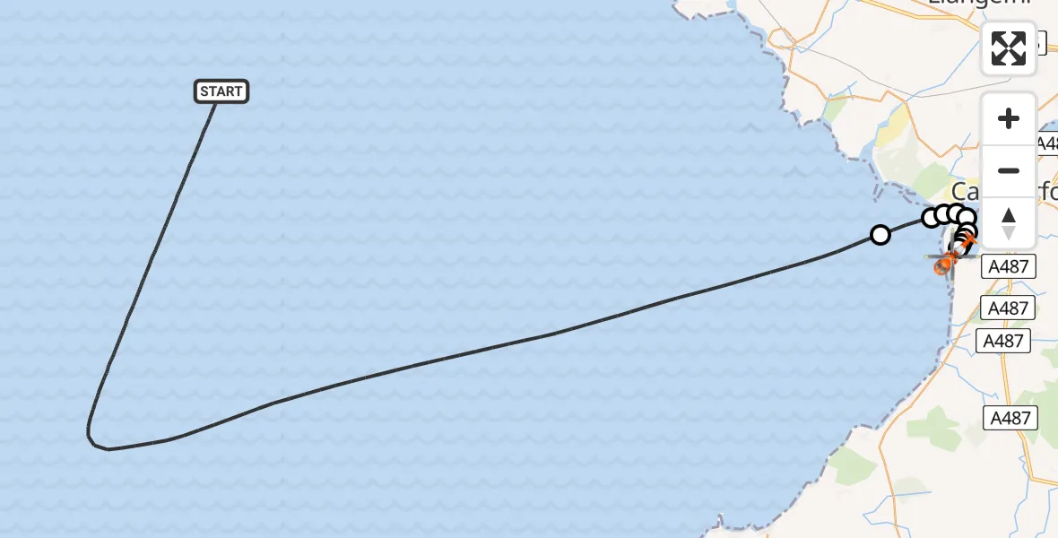 Flight path map showing Coastguard Helicopter route from Irish Sea to Caernarfon Airport