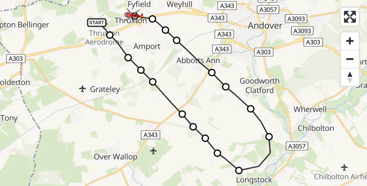 Flight path map showing Air Ambulance Helicopter route from Thruxton Aerodrome to Thruxton