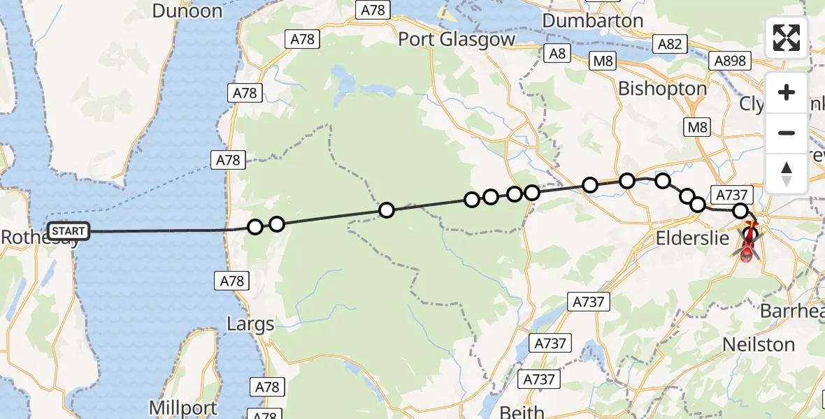 Flight path map showing Air Ambulance Helicopter route from Inner Seas to Royal Alexandria Hospital Paisley