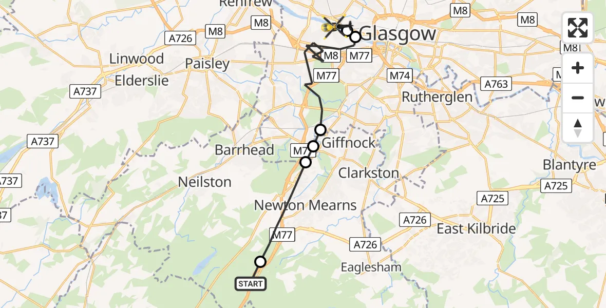 Flight path map showing Police Helicopter route from Floak to Glasgow