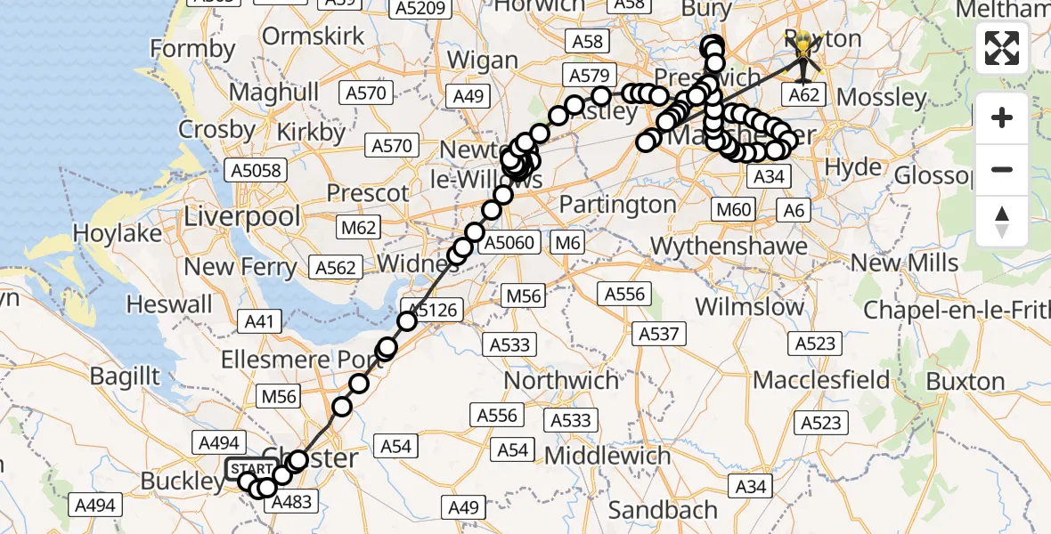 Flight path map showing Police Helicopter route from Hawarden Airport to Middleton