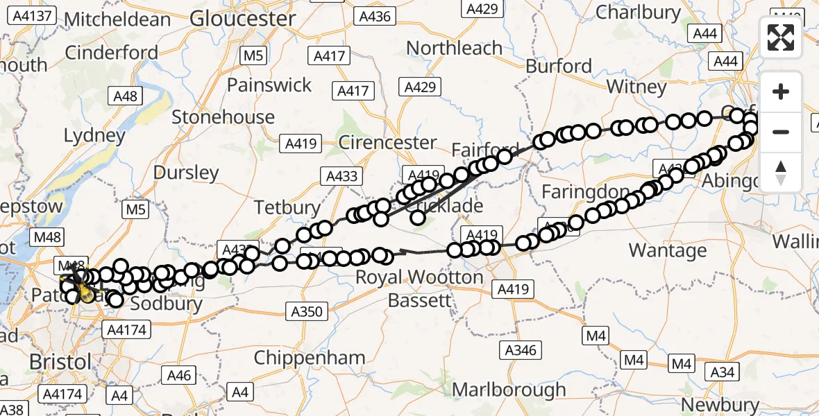 Flight path map showing Police Helicopter route from Almondsbury Helicopter Base to Almondsbury Helicopter Base