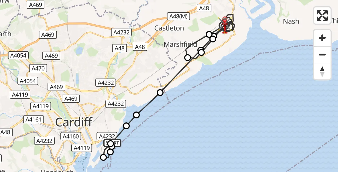 Flight path map showing Air Ambulance Helicopter route from Cardiff Heliport to Wentlooge