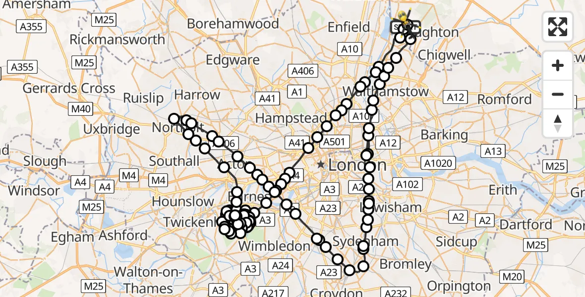 Flight path map showing Police Helicopter route from Metropolitan Police Air Support Unit Lippitts Hill to Metropolitan Police Air Support Unit Lippitts Hill
