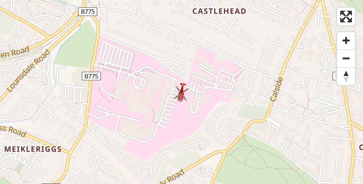Flight path map showing Air Ambulance Helicopter route from Royal Alexandria Hospital Paisley to Royal Alexandria Hospital Paisley