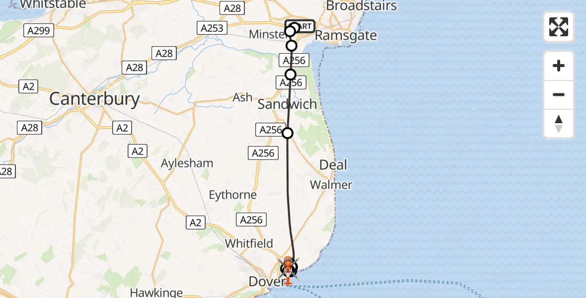 Flight path map showing Coastguard Helicopter route from Manston Airport to Langdon Battery Heliport