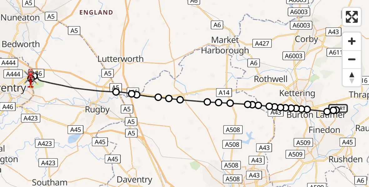 Routekaart van de vlucht: Air Ambulance Helicopter to University Hospital Coventry