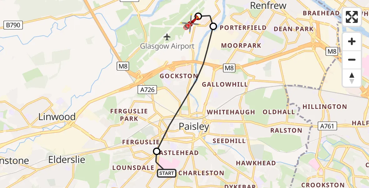 Flight path map showing Air Ambulance Helicopter route from Royal Alexandria Hospital Paisley to Glasgow Airport