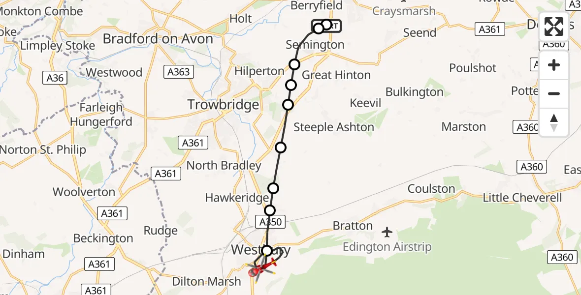 Flight path map showing Air Ambulance Helicopter route from Wiltshire Air Ambulance to Westbury