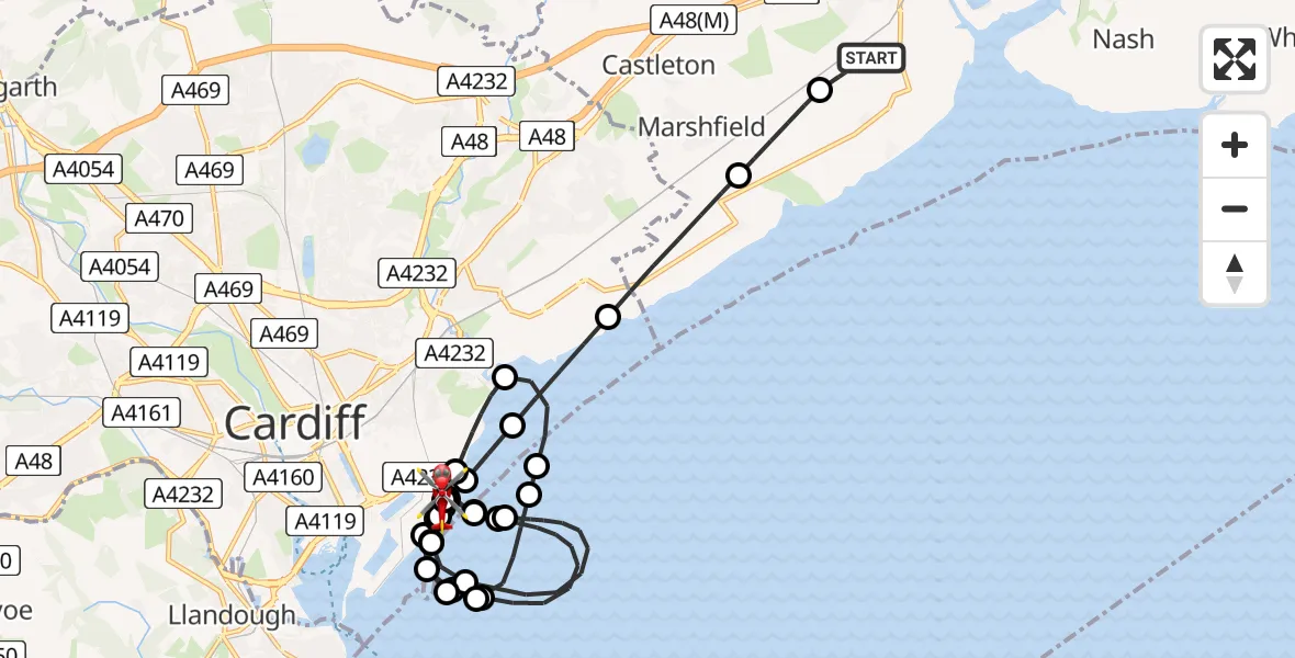 Flight path map showing Air Ambulance Helicopter route from Wentlooge to Cardiff Heliport