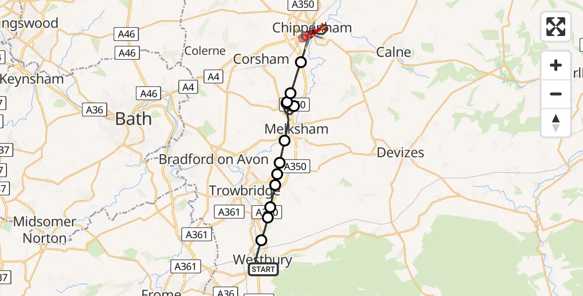 Flight path map showing Air Ambulance Helicopter route from Westbury to Chippenham