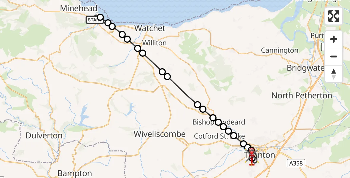 Flight path map showing Air Ambulance Helicopter route from Dunster to Musgrove Hospital