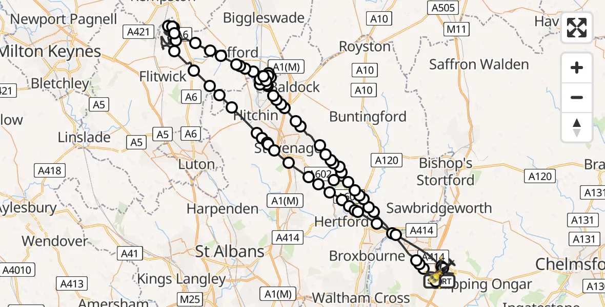 Flight path map showing Police Helicopter route from North Weald Airfield to North Weald Airfield