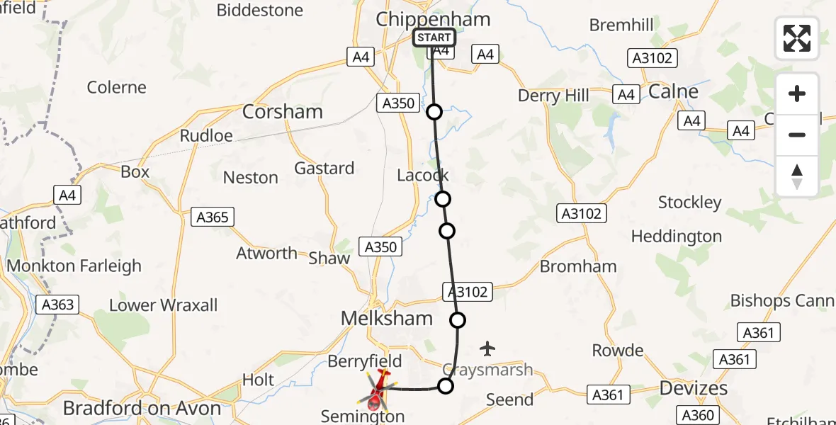 Flight path map showing Air Ambulance Helicopter route from Chippenham to Wiltshire Air Ambulance