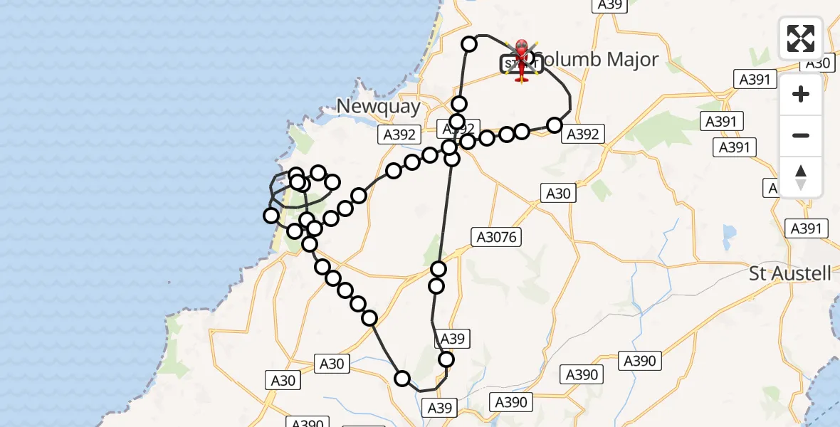 Flight path map showing Air Ambulance Helicopter route from Cornwall Airport Newquay to Cornwall Airport Newquay