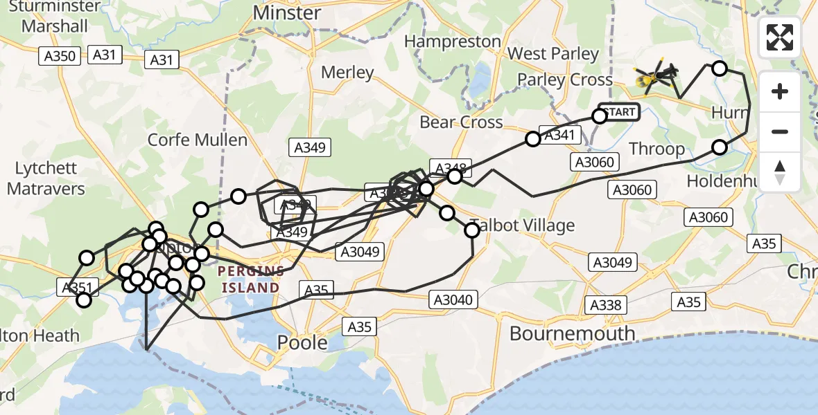 Flight path map showing Police Helicopter route from Hurn to Bournemouth Airport