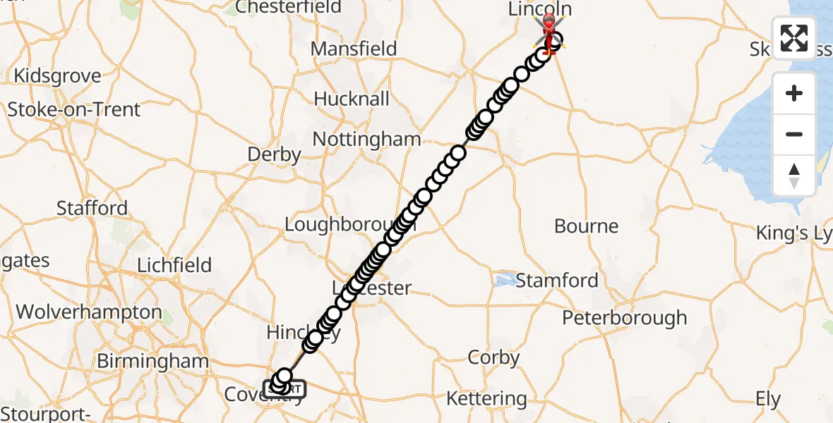 Flight path map showing Air Ambulance Helicopter route from University Hospital Coventry to North Kesteven