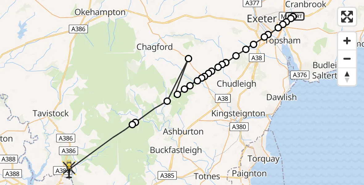 Flight path map showing Police Helicopter route from Exeter International Airport to Roborough