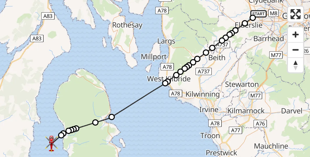 Flight path map showing Air Ambulance Helicopter route from Glasgow Airport to Inner Seas