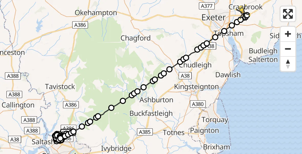Flight path map showing Police Helicopter route from Belliver to Exeter International Airport