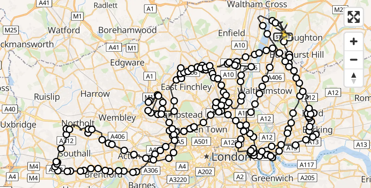 Flight path map showing Police Helicopter route from Metropolitan Police Air Support Unit Lippitts Hill to Sewardstonebury