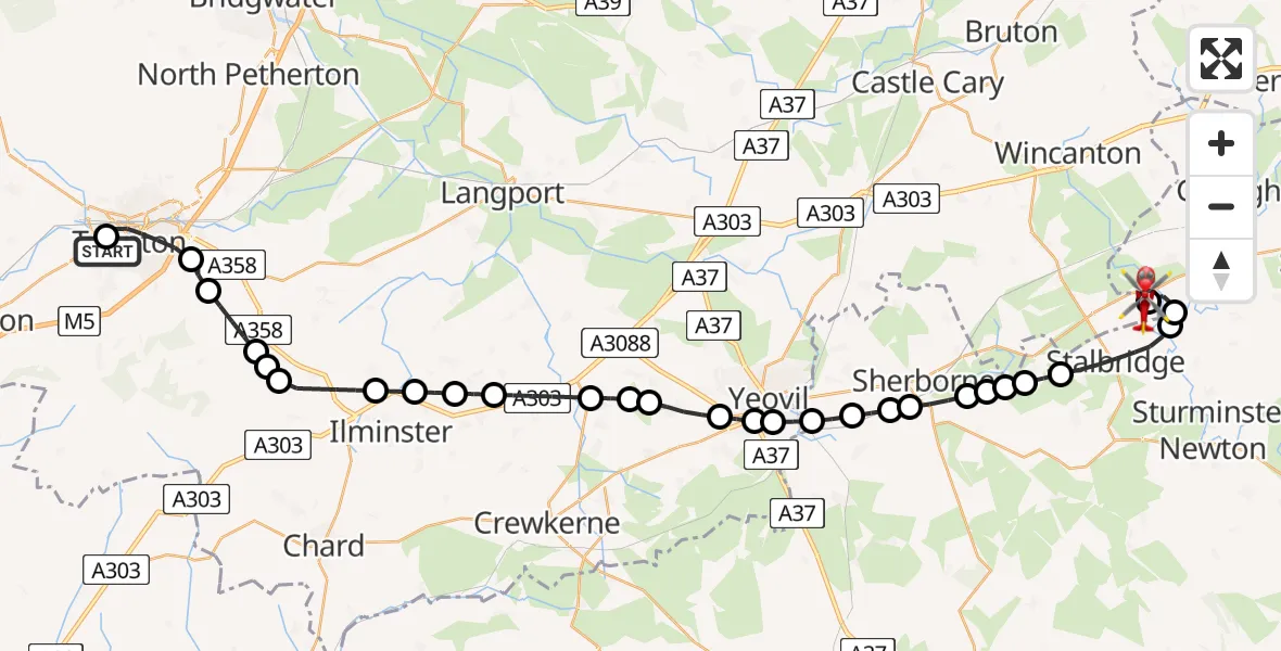 Flight path map showing Air Ambulance Helicopter route from Musgrove Hospital to Henstridge Airfield