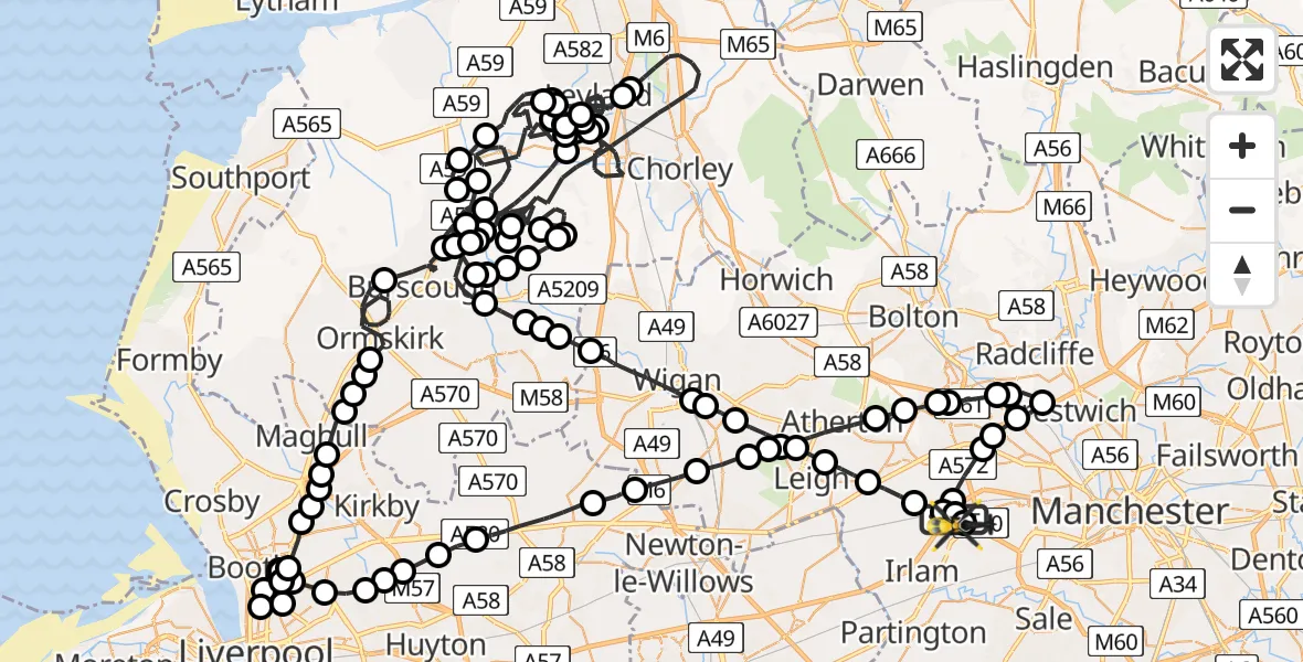 Flight route Police Helicopter Manchester Barton Aerodrome - Manchester Barton Aerodrome, 12 April 2026, 22:12