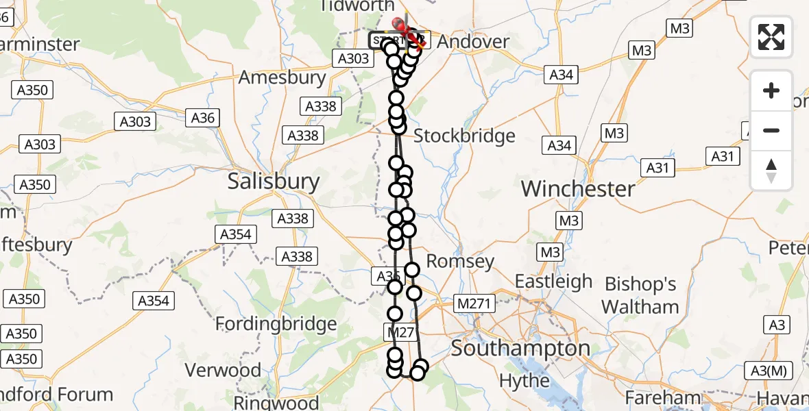 Flight path map showing Air Ambulance Helicopter route from Thruxton Aerodrome to Fyfield