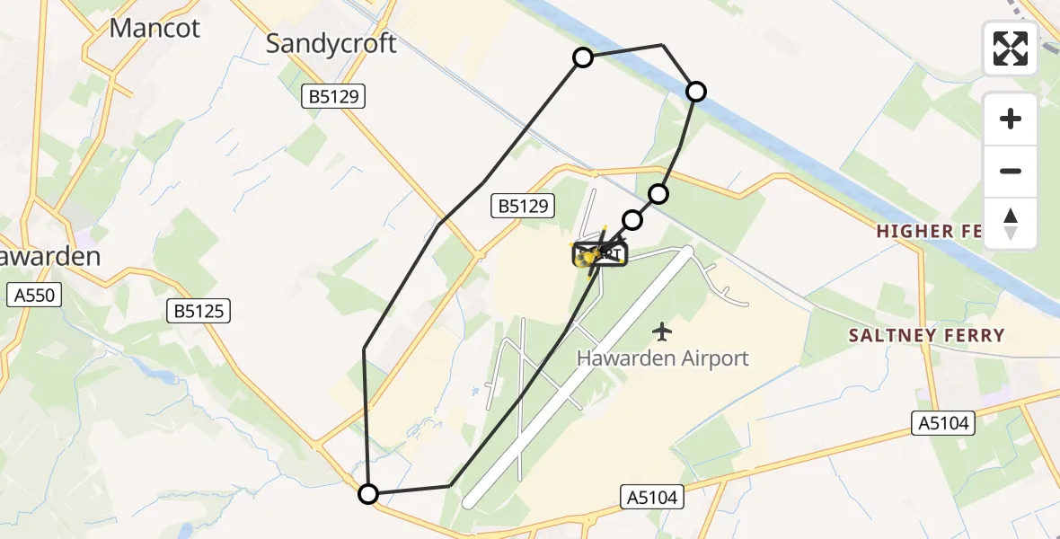 Flight path map showing Police Helicopter route from Hawarden Airport to Hawarden Airport