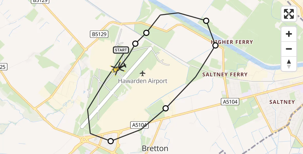 Flight path map showing Police Helicopter route from Hawarden Airport to Hawarden Airport