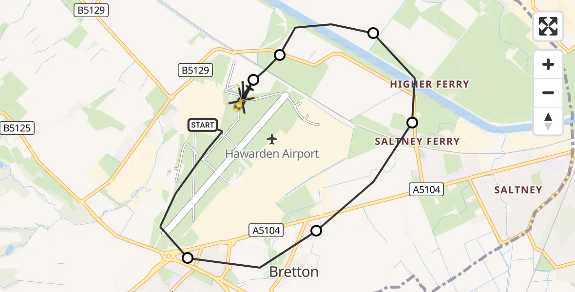 Flight path map showing Police Helicopter route from Hawarden Airport to Hawarden Airport