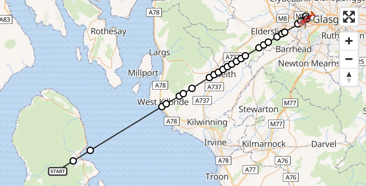 Flight path map showing Air Ambulance Helicopter route from North Ayrshire to Queen Elizabeth Hospital