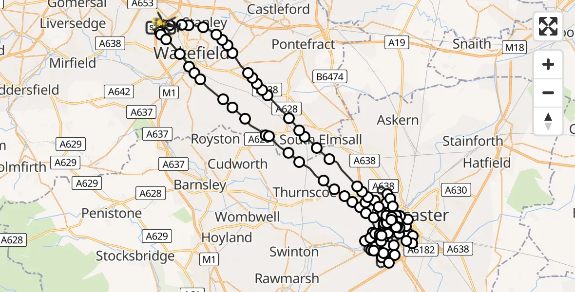Flight path map showing Police Helicopter route from East Ardsley to East Ardsley