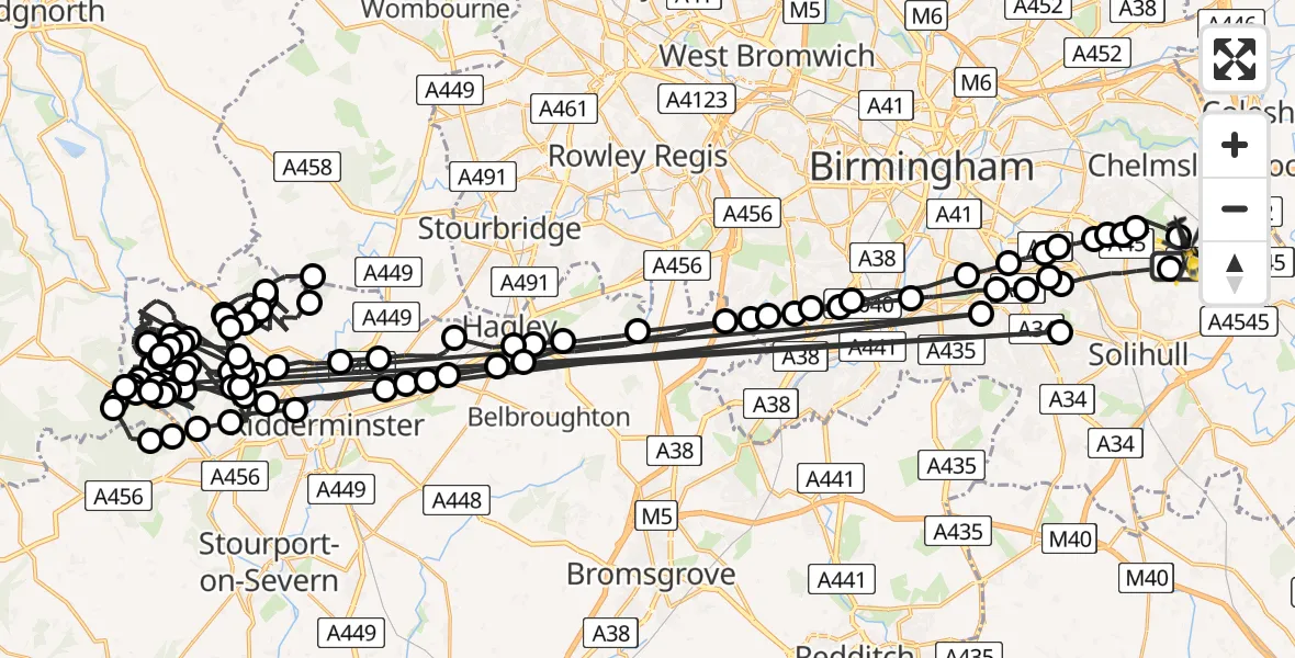 Flight path map showing Police Helicopter route from Birmingham Airport to Birmingham Airport