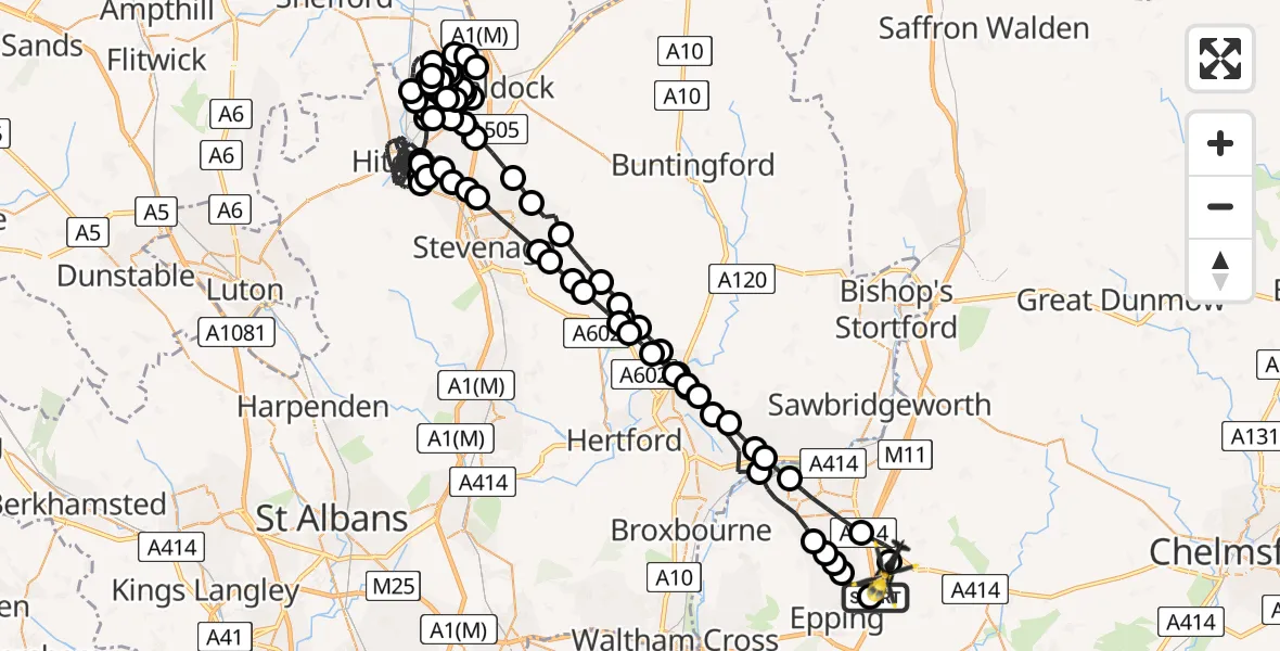 Flight path map showing Police Helicopter route from North Weald Airfield to North Weald Airfield