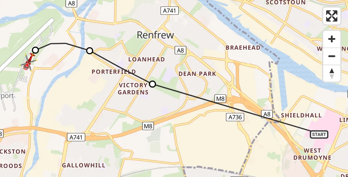 Flight path map showing Air Ambulance Helicopter route from Queen Elizabeth Hospital to Glasgow Airport