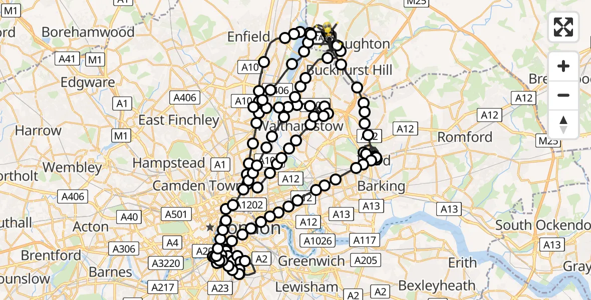 Flight path map showing Police Helicopter route from Sewardstonebury to Sewardstonebury