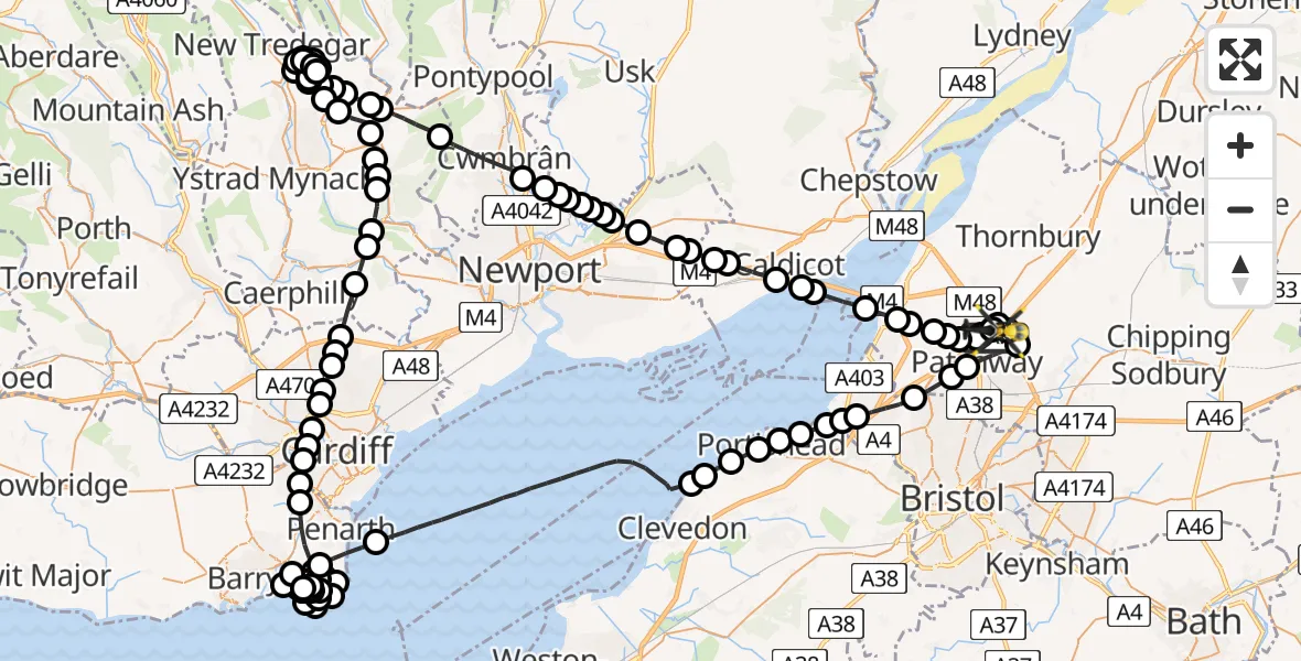 Flight path map showing Police Helicopter route from Almondsbury Helicopter Base to Almondsbury Helicopter Base