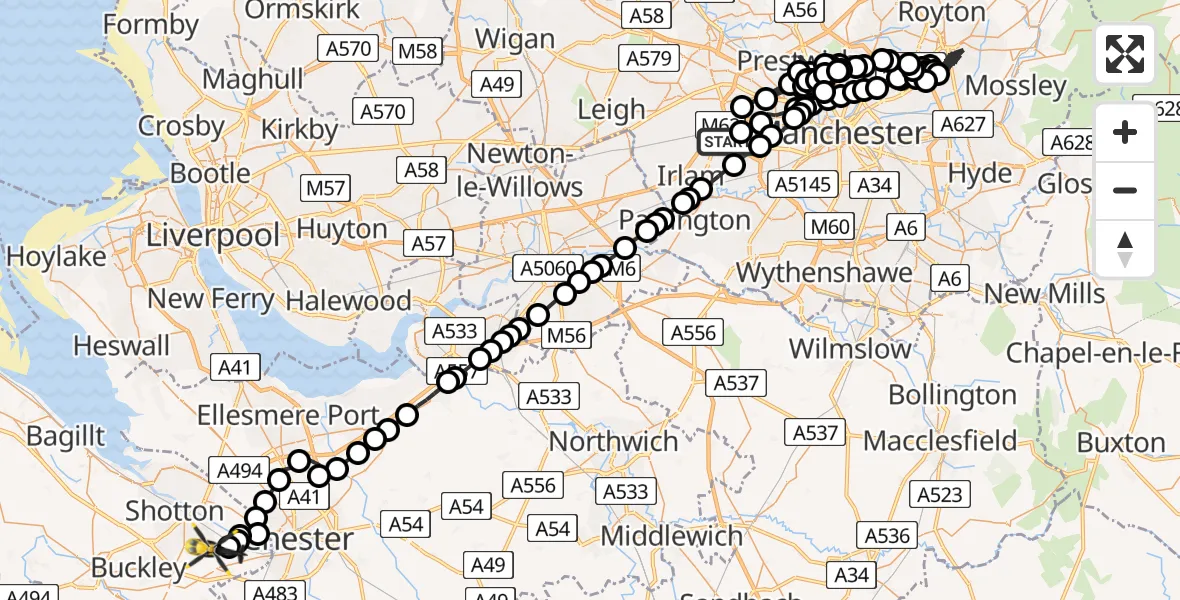 Flight path map showing Police Helicopter route from Worsley to Broughton
