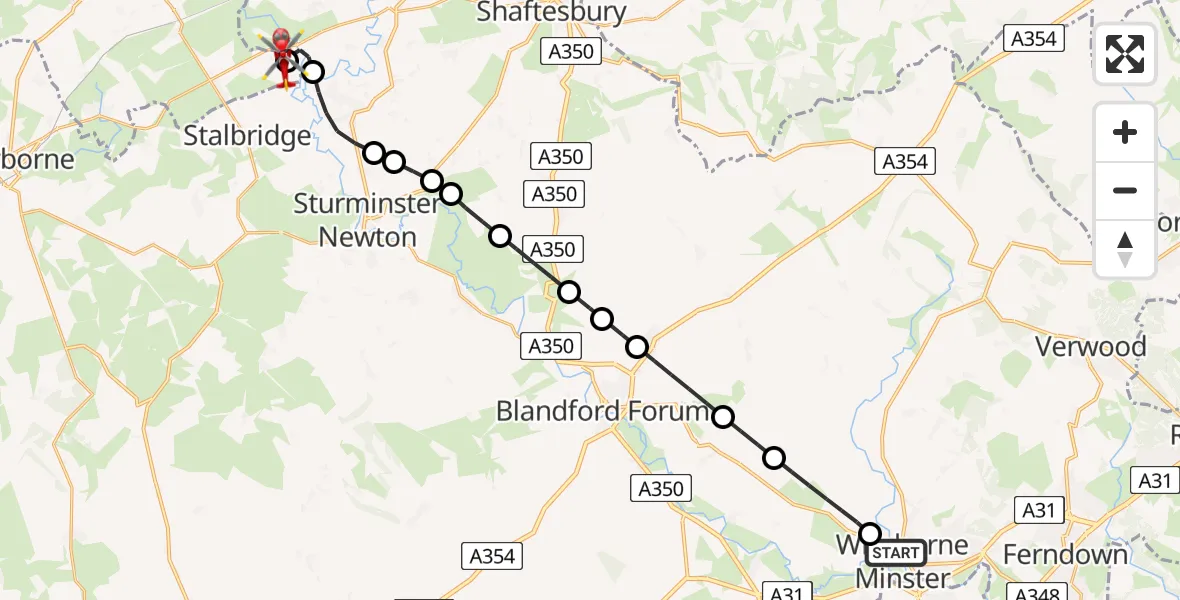 Flight path map showing Air Ambulance Helicopter route from Wimborne Minster to Henstridge Airfield