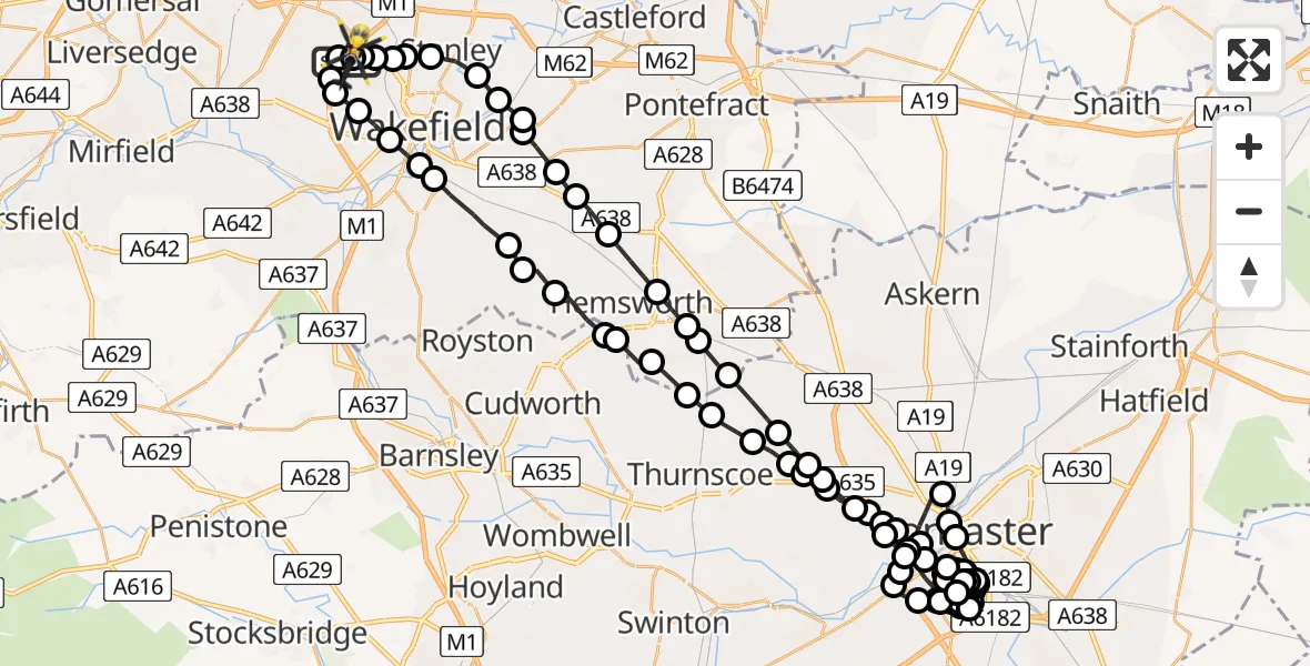 Flight path map showing Police Helicopter route from East Ardsley to East Ardsley
