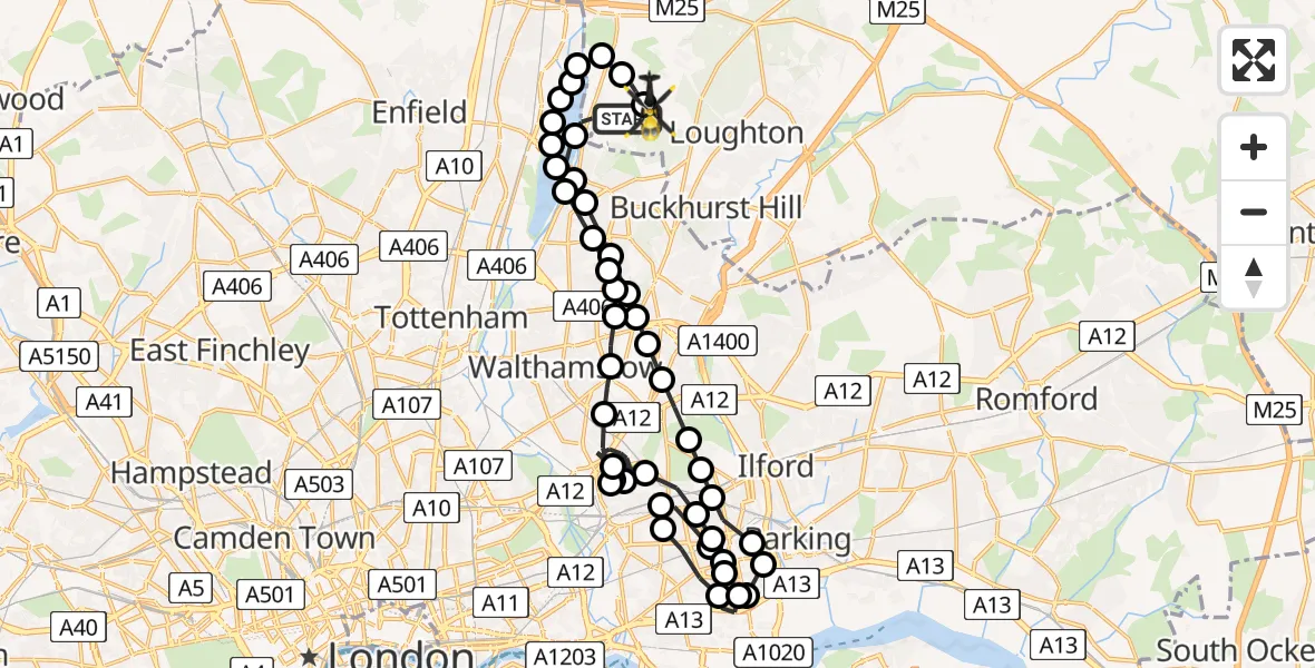 Flight path map showing Police Helicopter route from Sewardstonebury to Metropolitan Police Air Support Unit Lippitts Hill