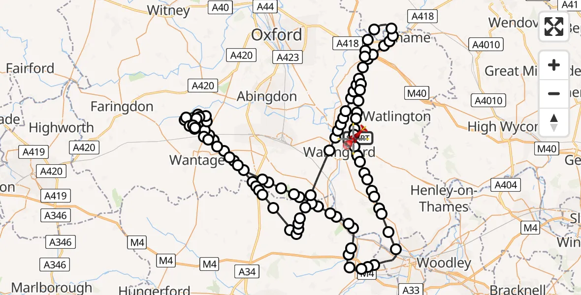 Flight path map showing Air Ambulance Helicopter route from RAF Benson to RAF Benson