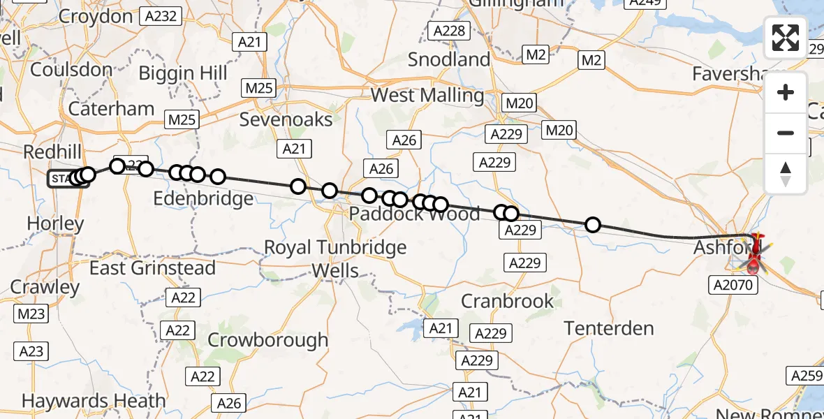 Flight path map showing Air Ambulance Helicopter route from Redhill Aerodrome to Ashford
